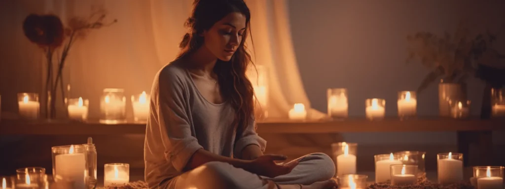 person sitting cross-legged with closed eyes in a peaceful, dimly lit room filled with candles and soft-glowing string lights, creating a serene ambiance for sleep meditation.