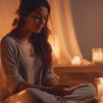 person sitting cross-legged with closed eyes in a peaceful, dimly lit room filled with candles and soft-glowing string lights, creating a serene ambiance for sleep meditation.